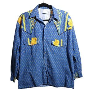 VTG Solymod France Blue Yellow Sunflower‎ Pearl Snap Western Top Cotton M Retro